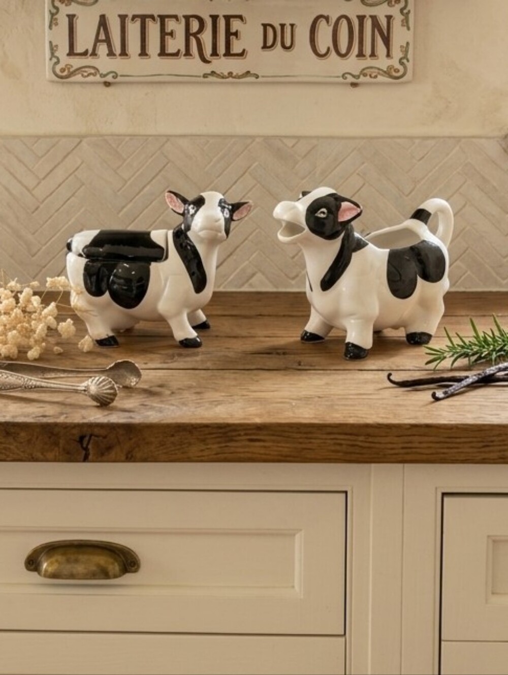 Ceramic Black & White Cow Creamer and Sugar Set